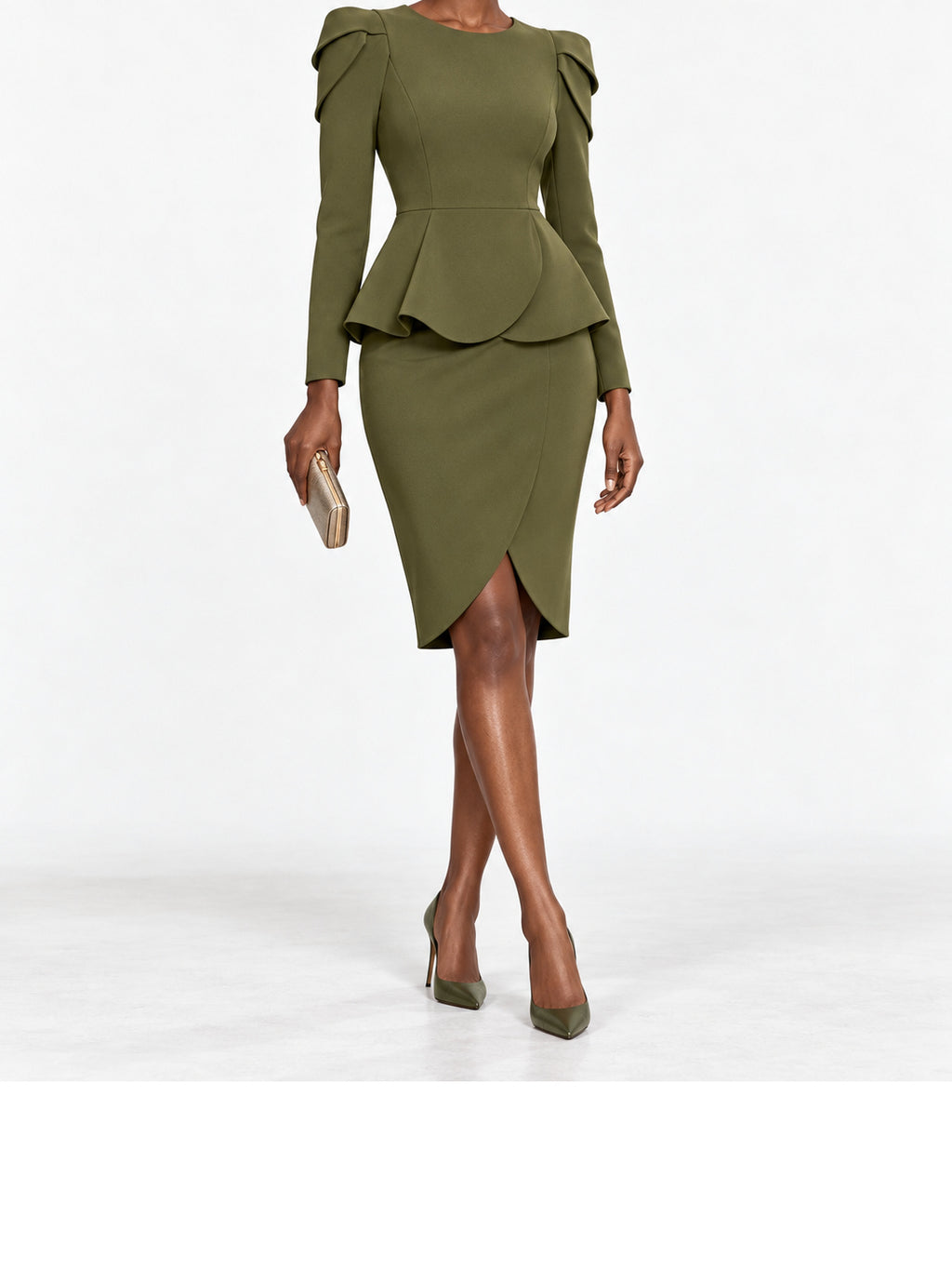 Olive Scuba Peplum Long Sleeve Midi Dress
