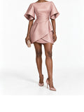 Pink Satin Ruffle Sleeve Wrap Mini Dress