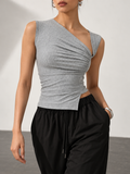Grey Ribbed Asymmetric Sleeveless Top
