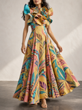 Multicolor Abstract Print Ruffle Neck Maxi Dress