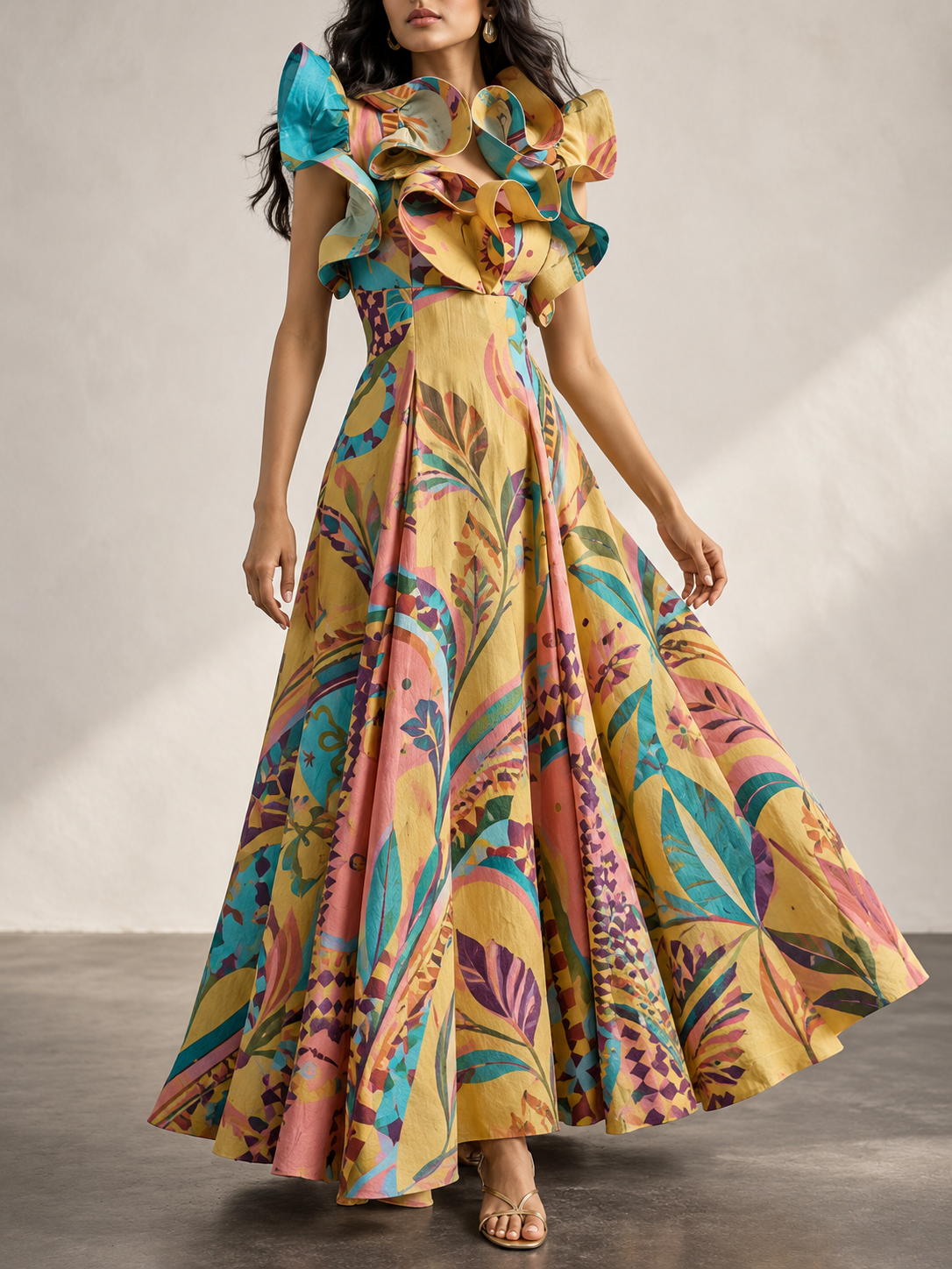 Multicolor Abstract Print Ruffle Neck Maxi Dress