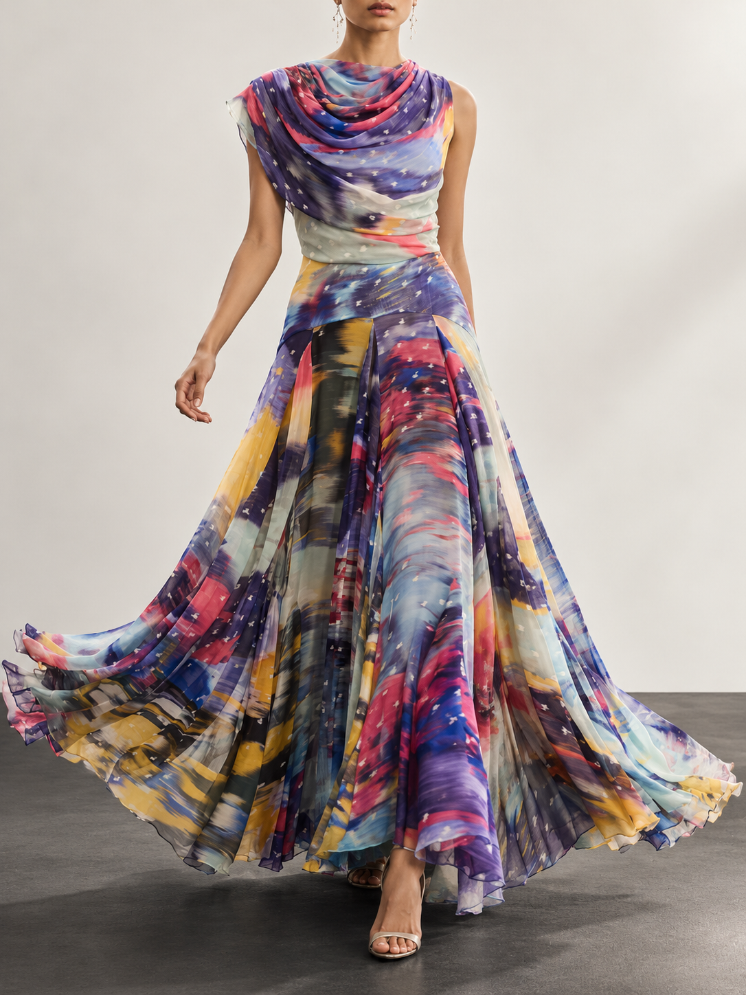 Multicolor Watercolor Print Draped Cowl Neck Maxi Dress