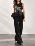 Black Crystal Embellished Peplum Top and Pants Set