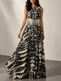 Black White Animal Print Pleated Maxi Dress