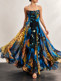 Multicolor Watercolor Print Ruffle Neck Maxi Dress