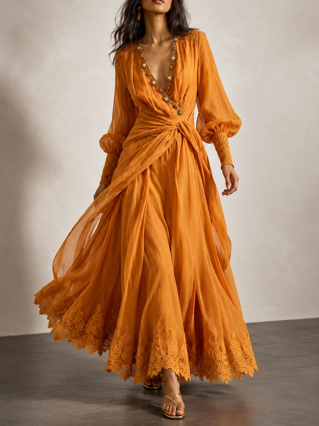 Orange Chiffon Lace Trim Long Sleeve Maxi Dress