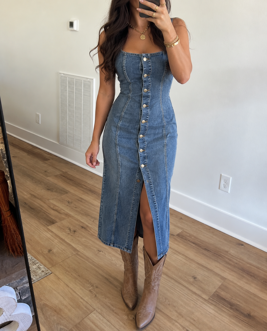 Blue Denim Button Front Midi Dress