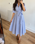 LightBlue Striped Button Front Midi Dress
