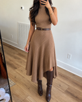 Taupe Ribbed Knit Asymmetric Midi Dress