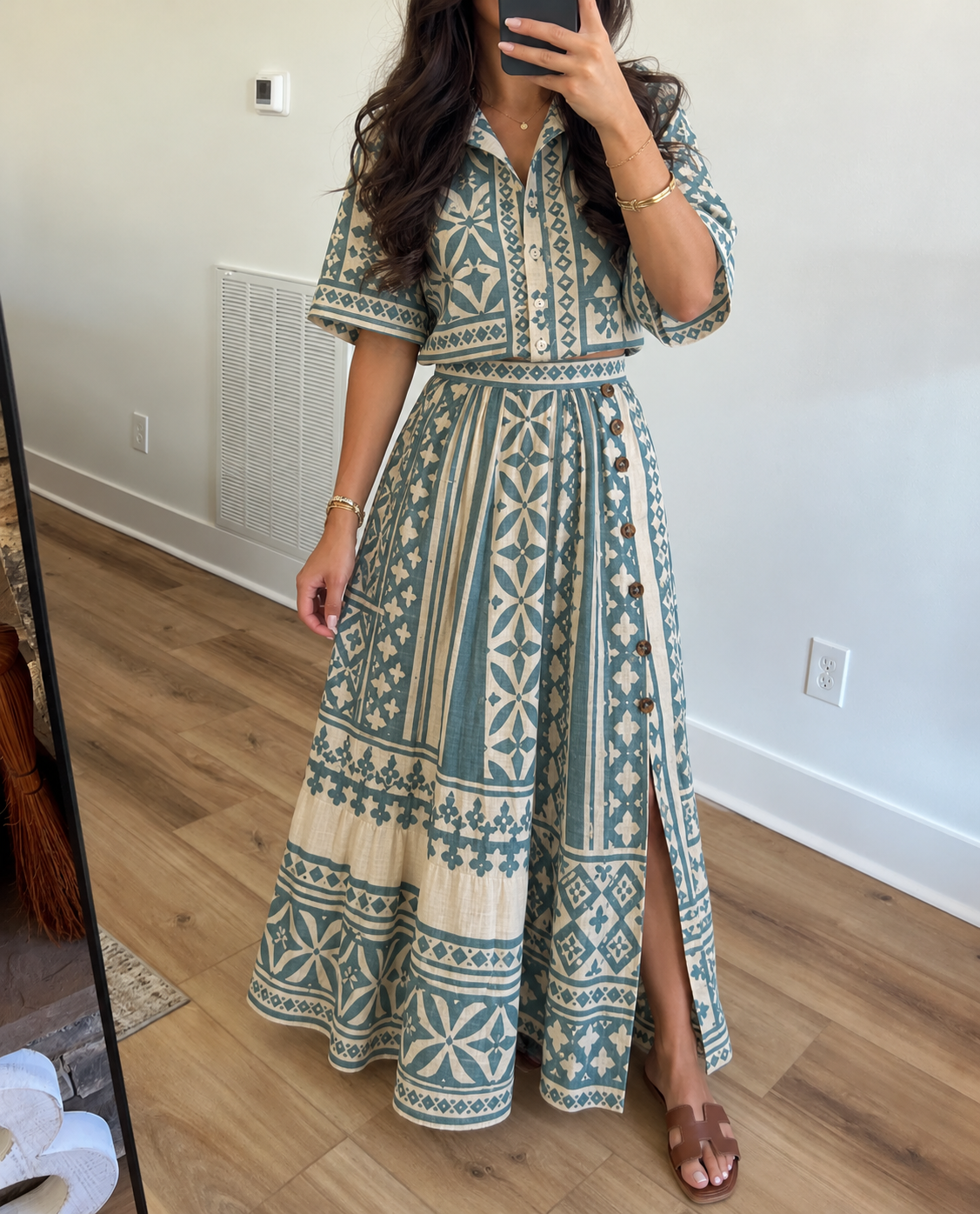 Blue Floral Print Button Front Maxi Dress