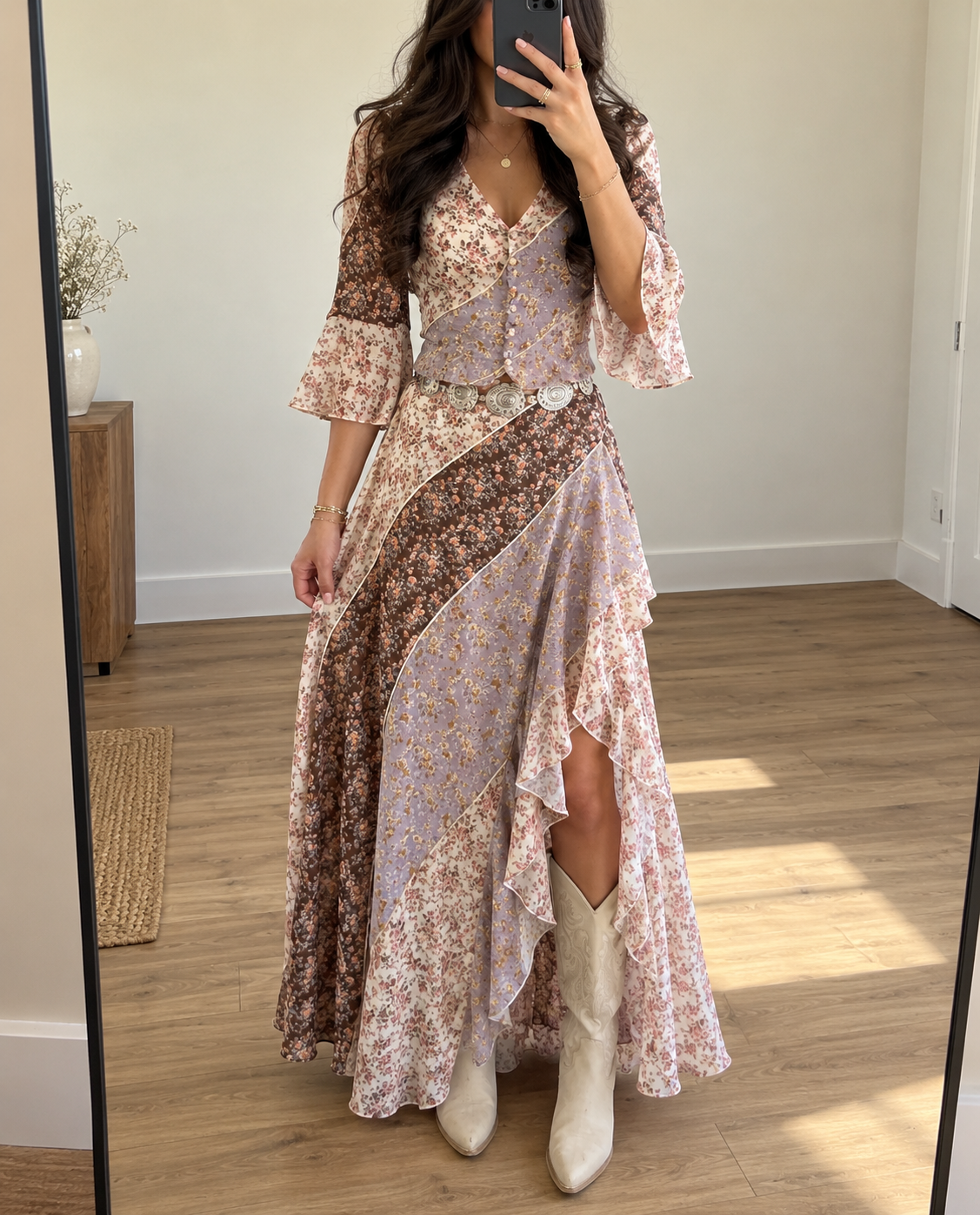Pink Floral Print Bell Sleeve Maxi Dress