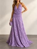 Lilac Lace Halter Draped Maxi Dress