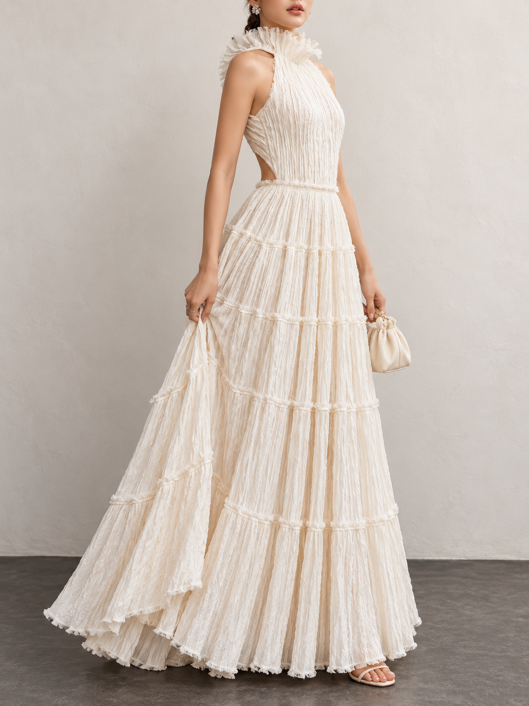 Cream Textured Halter Tiered Maxi Dress