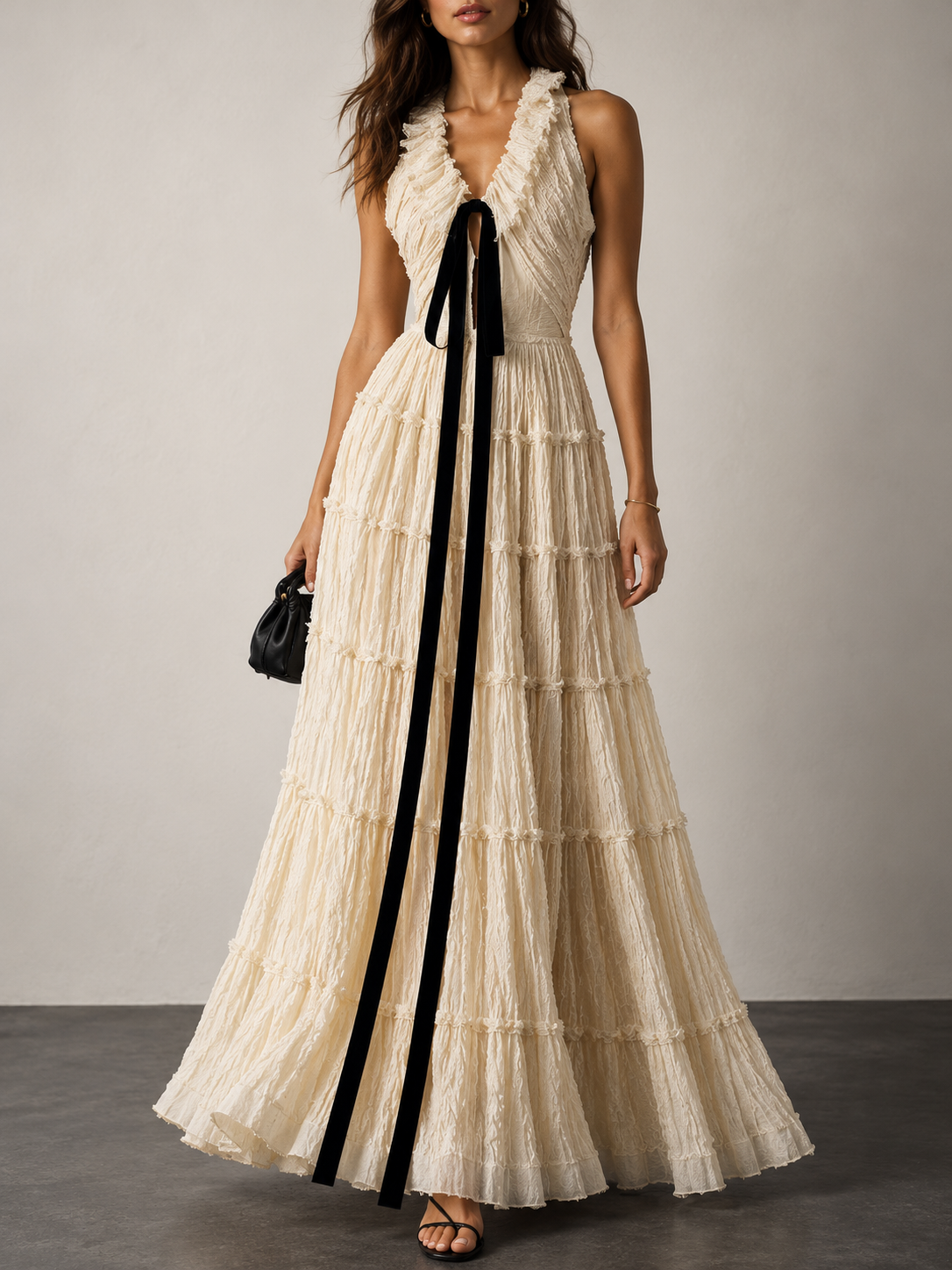 Cream Textured Sleeveless Tiered Maxi Dress