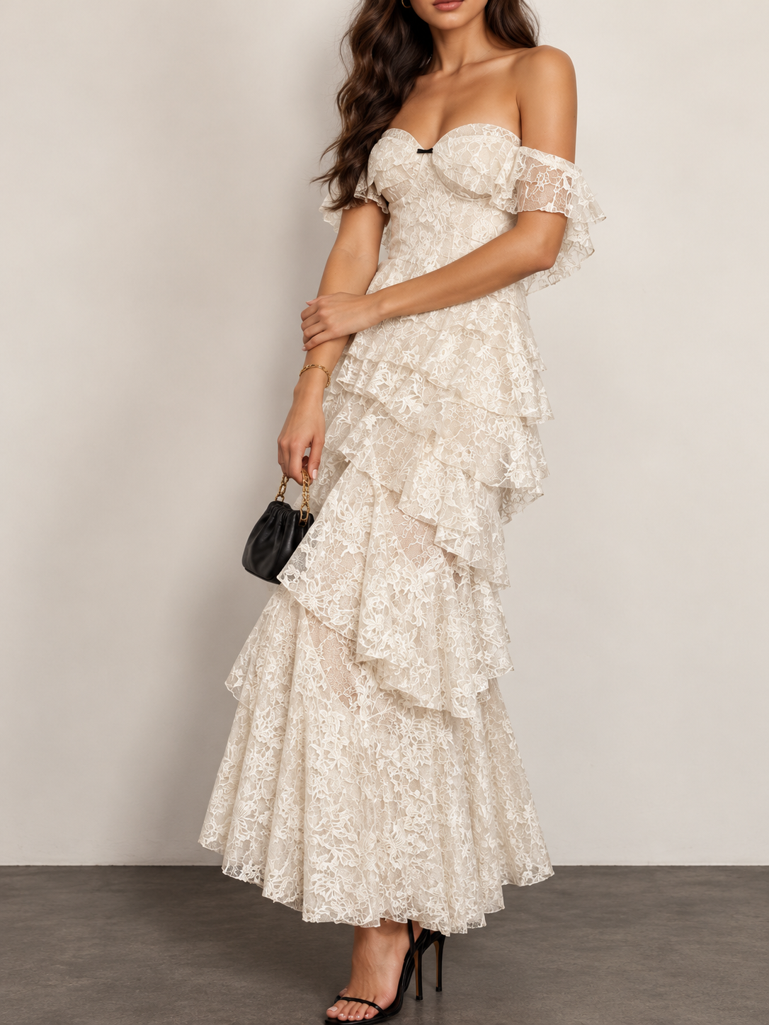 Cream Lace Off Shoulder Tiered Maxi Dress