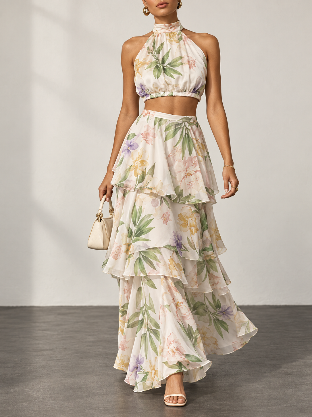Multicolor Floral Print Halter Tiered Maxi Dress