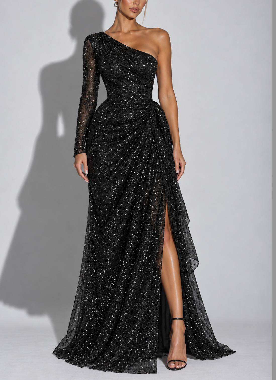 Black Sequin One Shoulder Long Sleeve Maxi Dress
