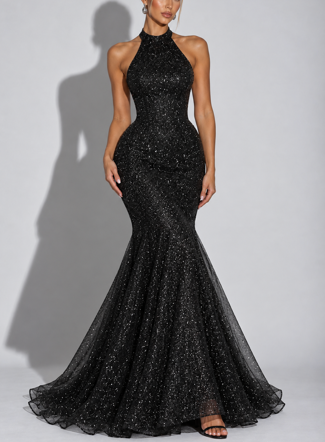 Black Sequin Halter Mermaid Maxi Dress