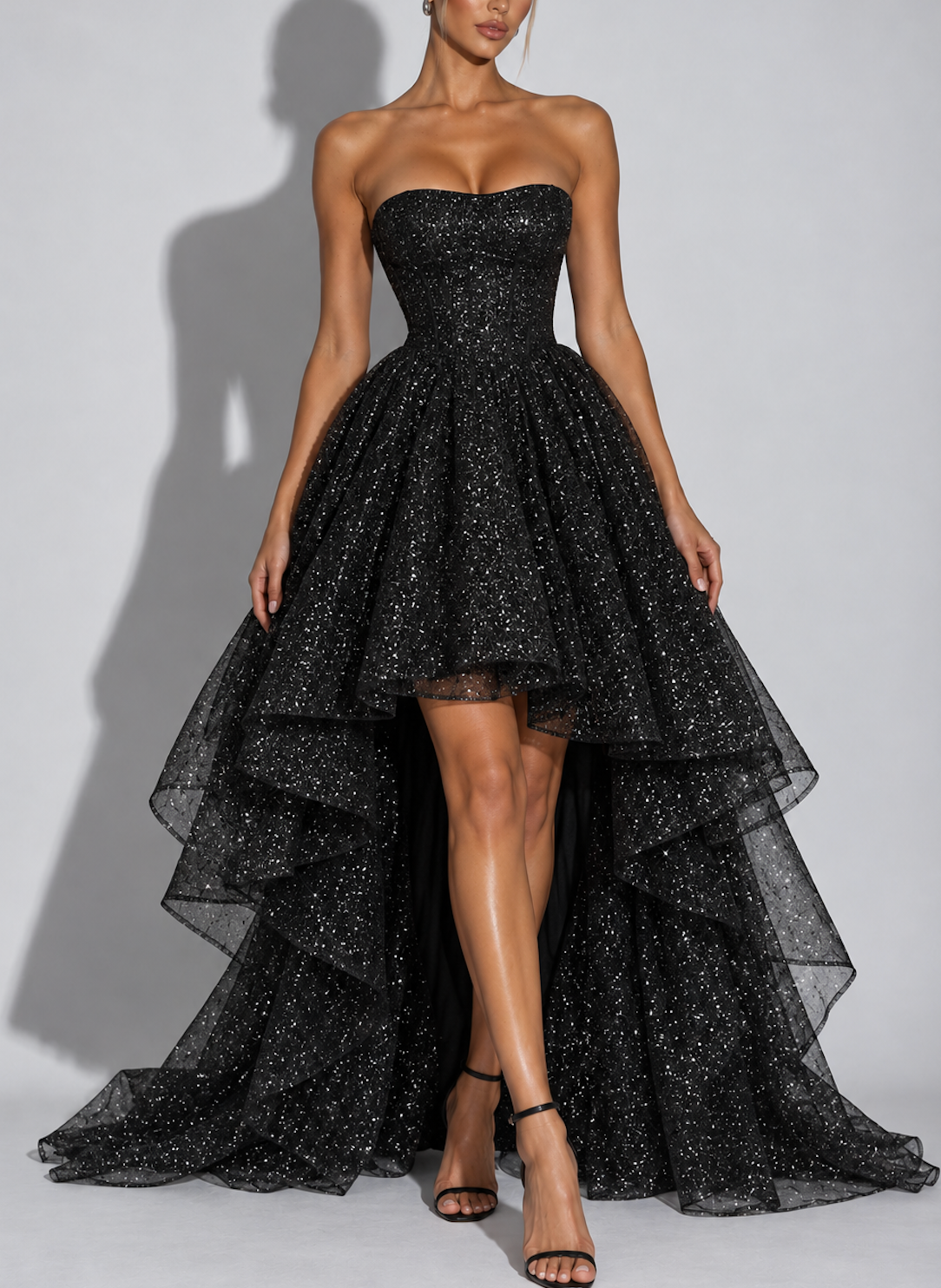 Black Sequin Strapless High Low Maxi Dress