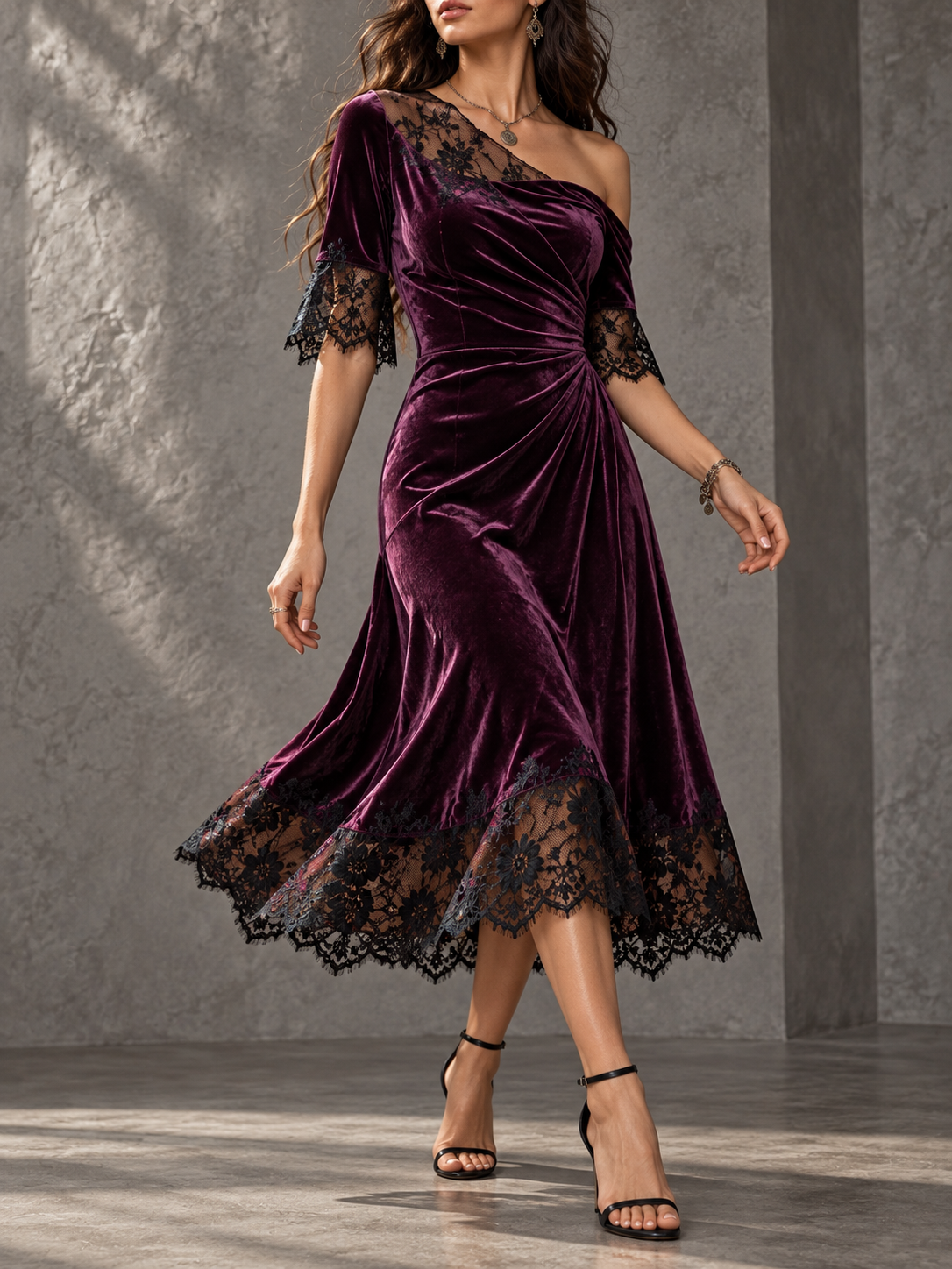 Burgundy Velvet Lace Trim Long Sleeve Midi Dress