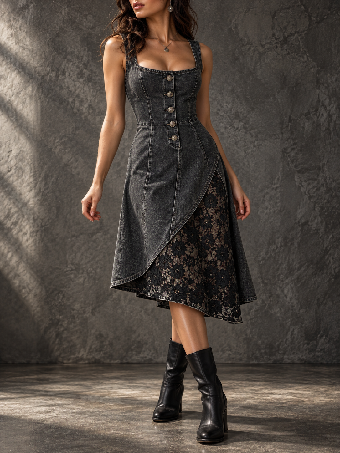 Black Denim Button Front Asymmetric Midi Dress