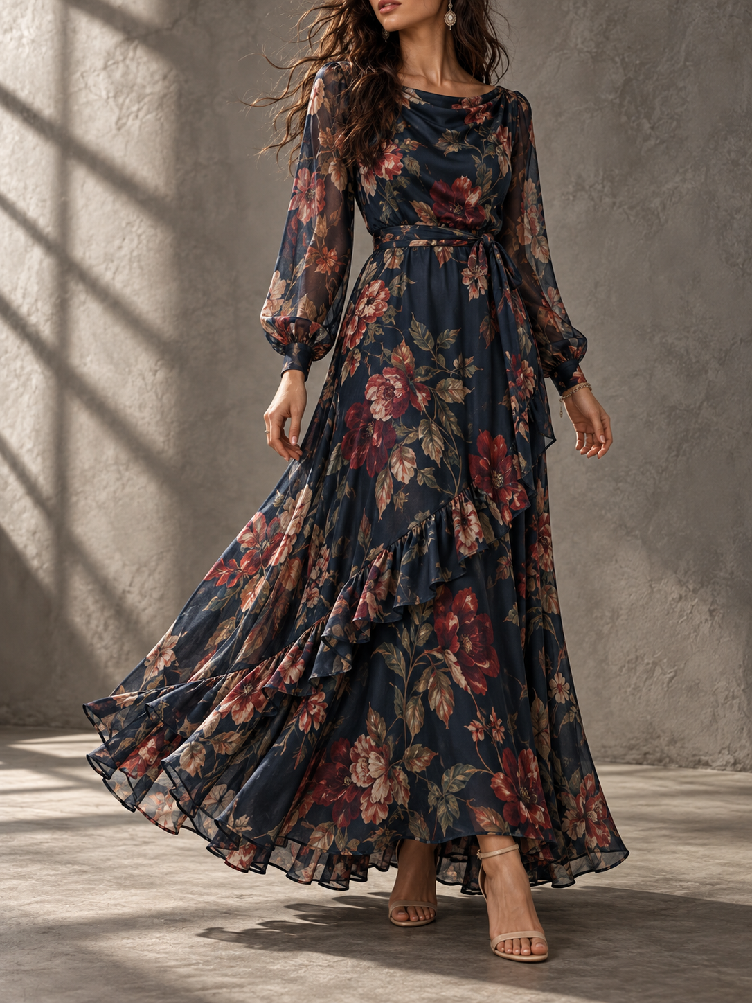 Navy Floral Print Long Sleeve Ruffle Maxi Dress