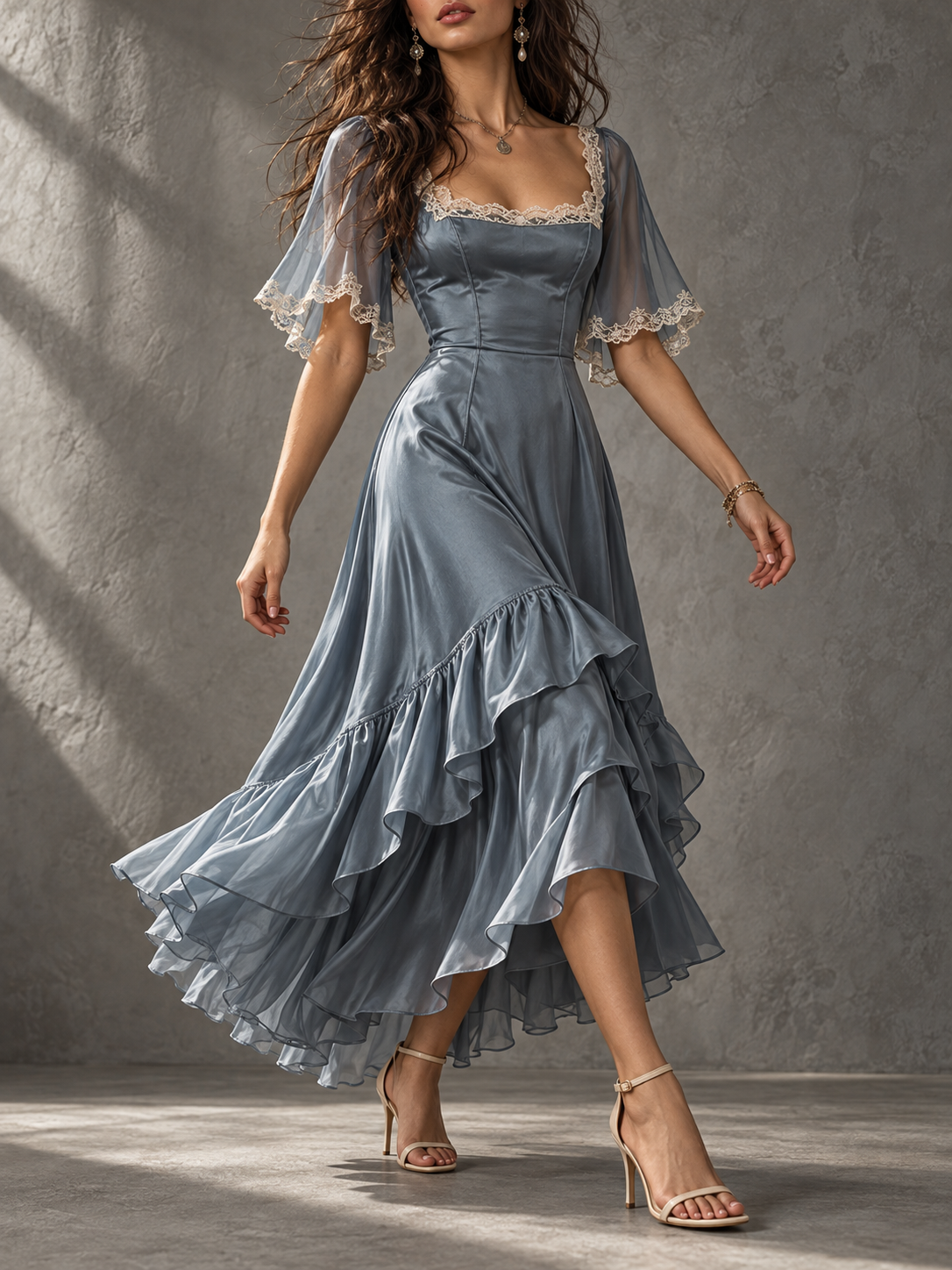 DustyBlue Satin Lace Trim Flutter Sleeve Midi Dress