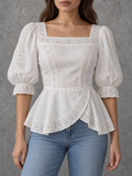 White Eyelet Square Neck Peplum Blouse
