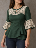 DarkGreen Crochet Lace Trim Peplum Blouse