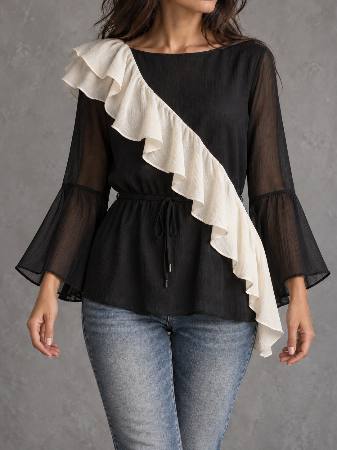 Black Asymmetric Ruffle Long Sleeve Top