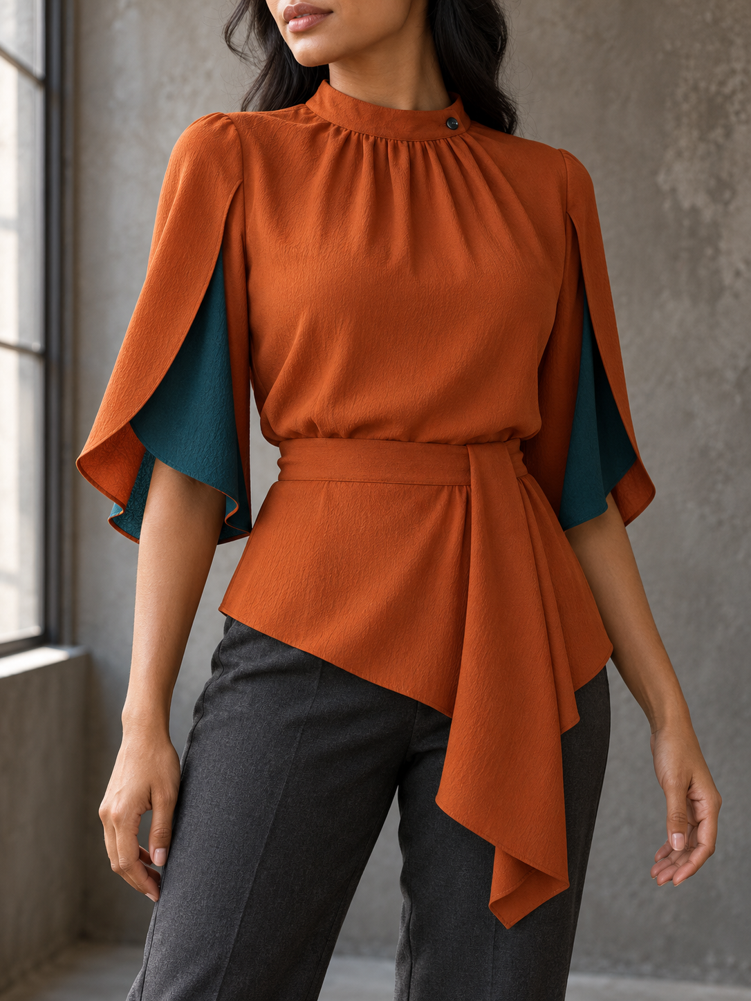 Orange Asymmetric Draped Short Sleeve Top