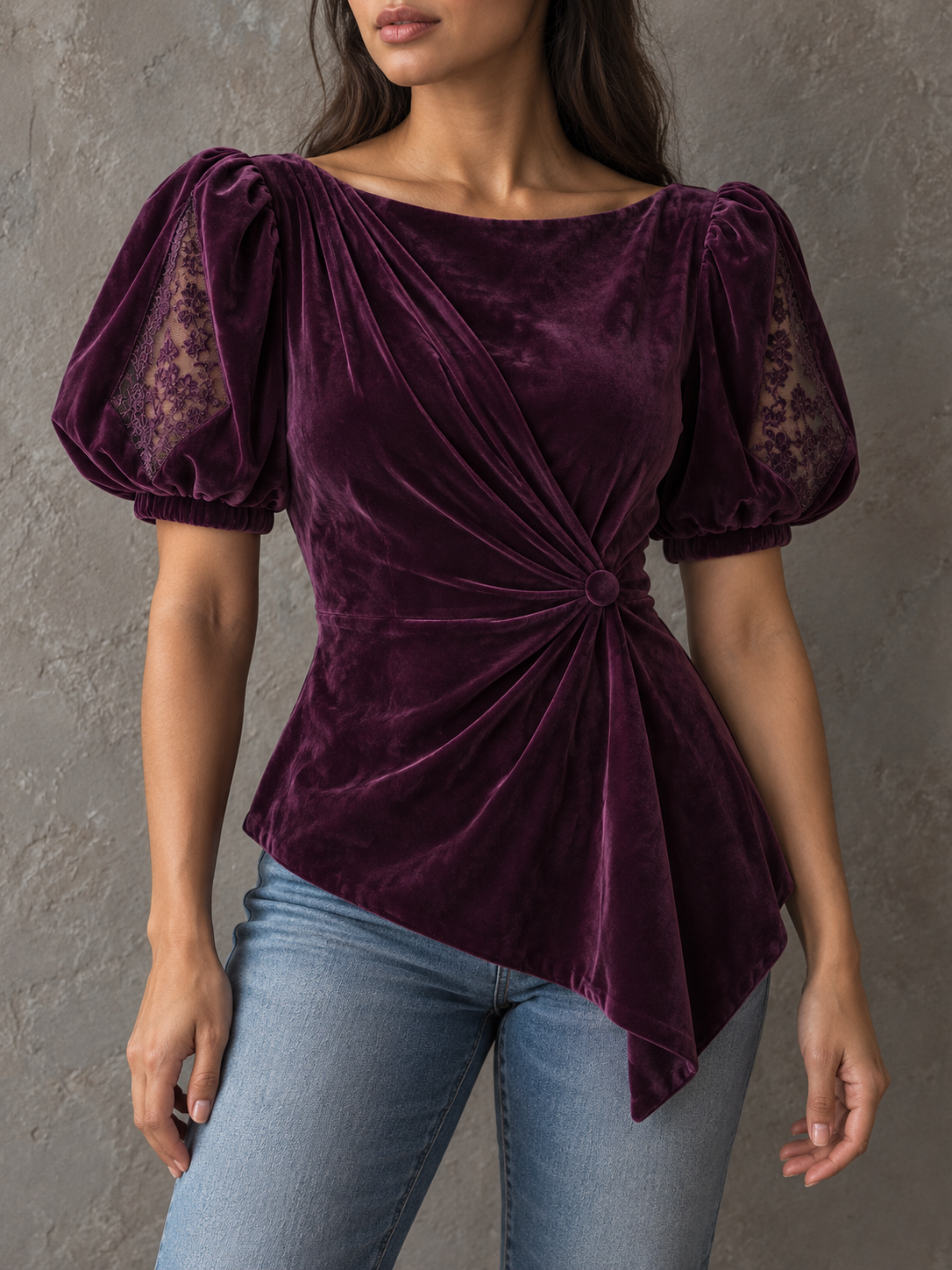 Purple Velvet Lace Sleeve Draped Top