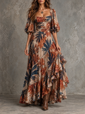 Multicolor Floral Print Puff Sleeve Tiered Maxi Dress
