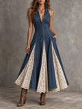 Blue Denim Halter Button Front Midi Dress