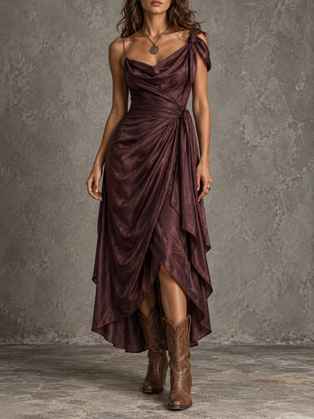 Burgundy One Shoulder Draped Midi Dress