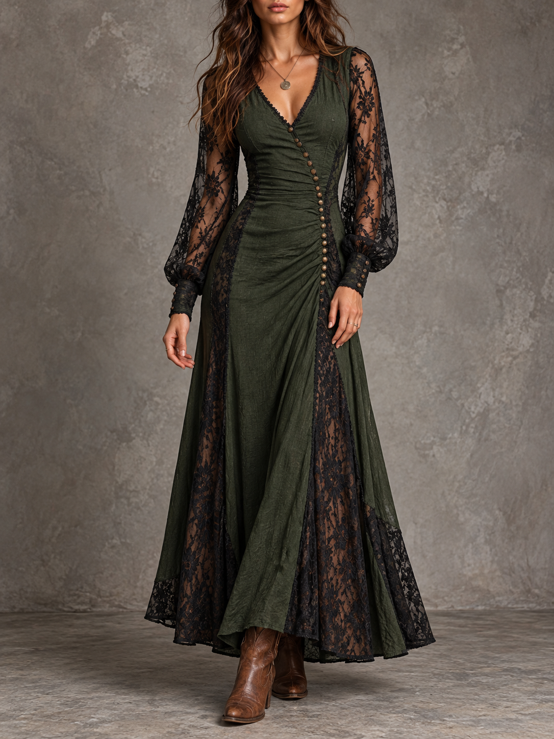 DarkGreen Lace Trim Long Sleeve Maxi Dress