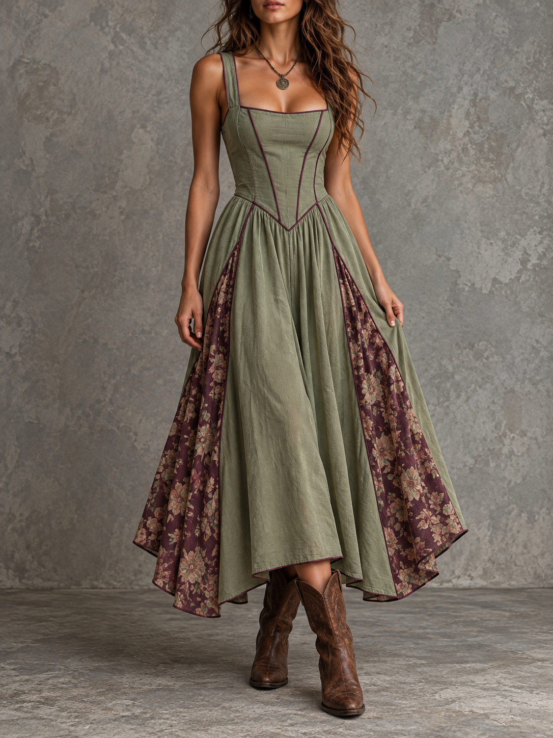 SageGreen Contrast Floral Panel Midi Dress