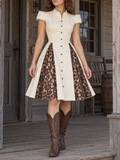 Cream Brown Lace Panel Button Front Midi Dress