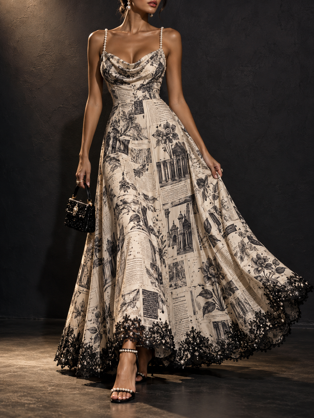Beige Black Newspaper Print Lace Trim Strapless Maxi Dress