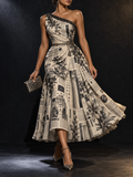 Beige Black Newspaper Print One Shoulder Midi Dress
