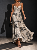 Beige Black Newspaper Print Cowl Neck Maxi Dress