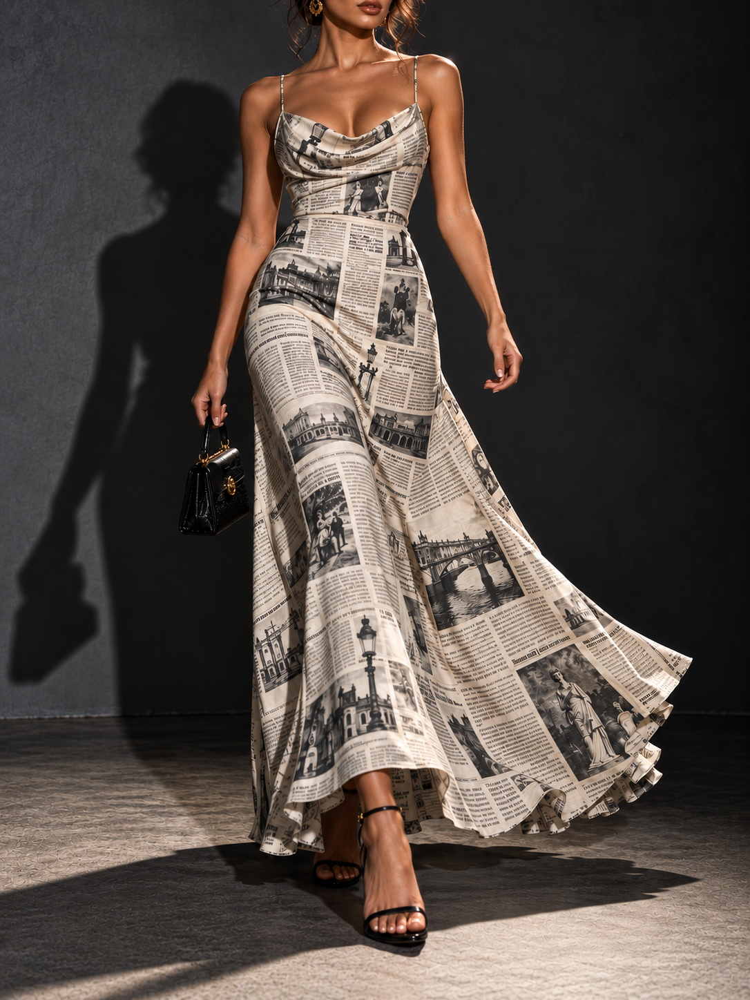 Beige Black Newspaper Print Cowl Neck Maxi Dress