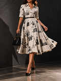 Beige Black Newspaper Print Button Front Midi Dress