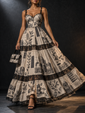 Beige Black Newspaper Print Tiered Lace Trim Maxi Dress