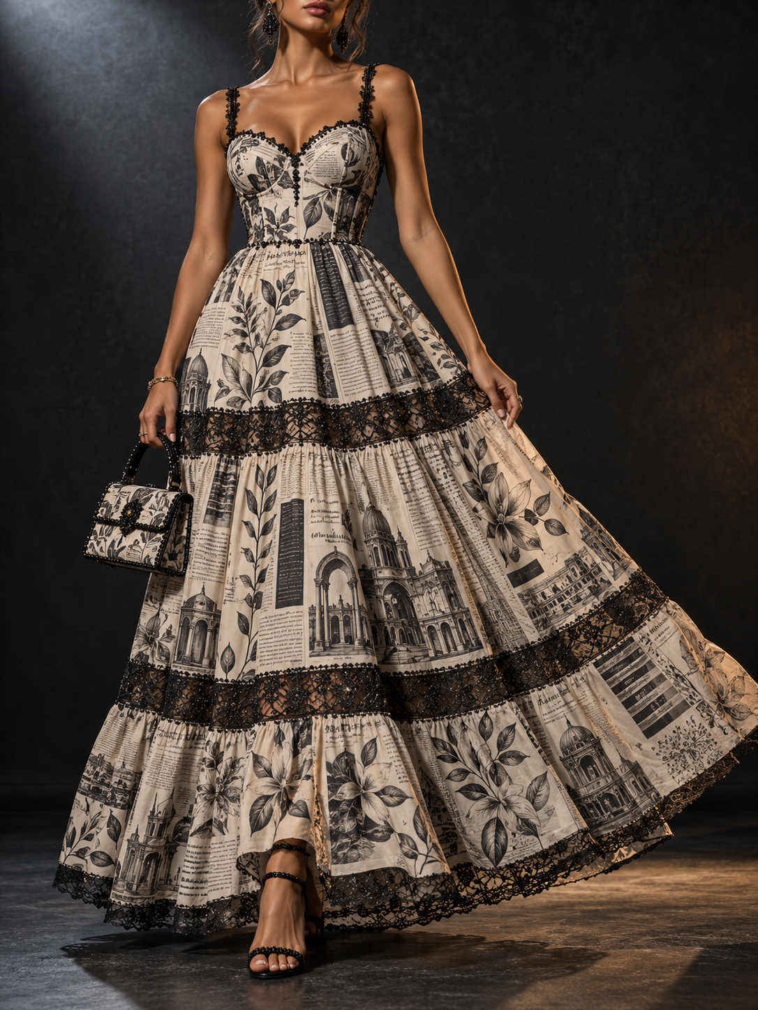 Beige Black Newspaper Print Tiered Lace Trim Maxi Dress