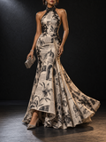 Beige Black Newspaper Print Halter Lace Trim Maxi Dress