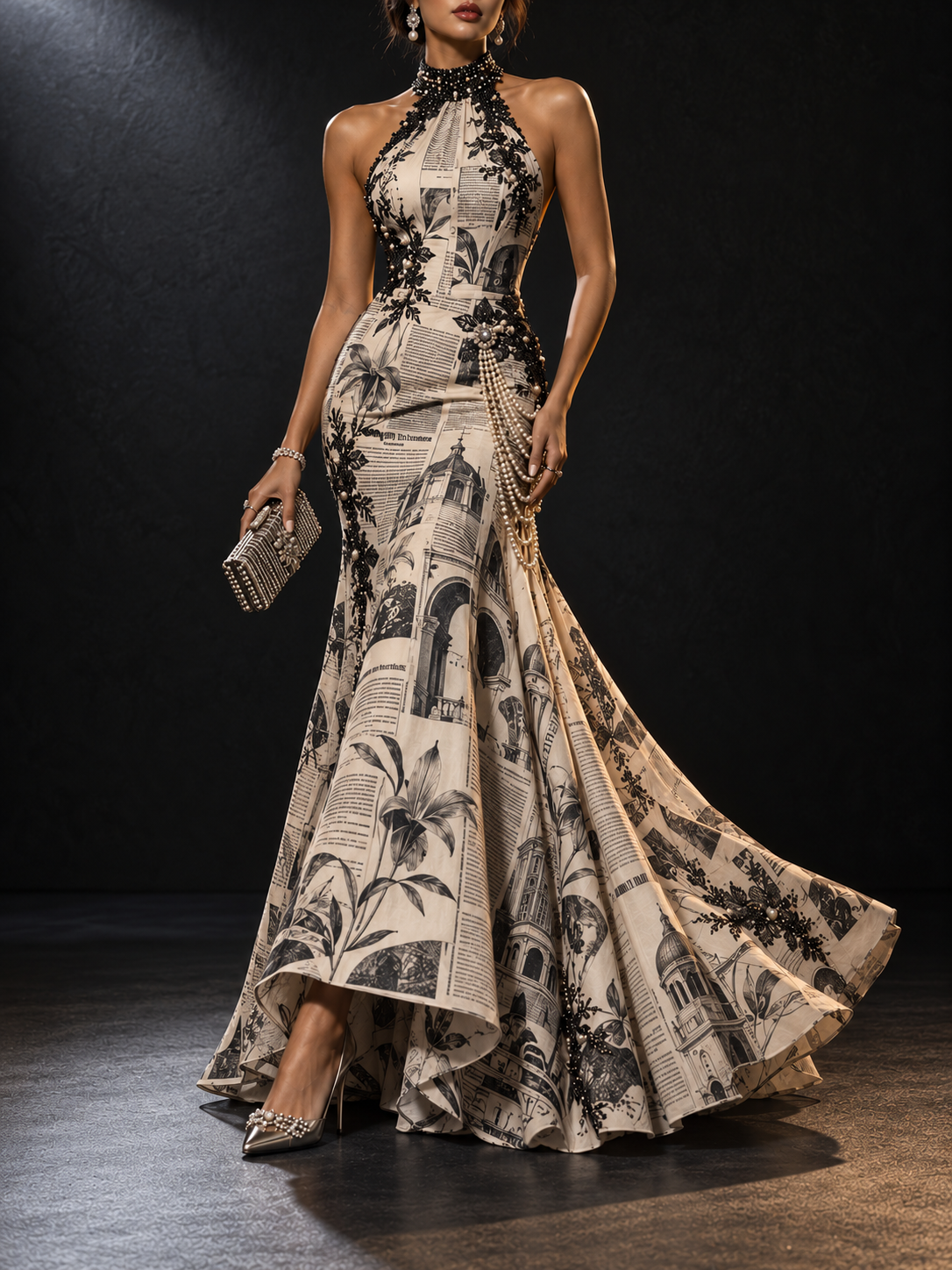 Beige Black Newspaper Print Halter Lace Trim Maxi Dress