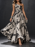 Beige Black Newspaper Print Strapless Asymmetric Maxi Dress