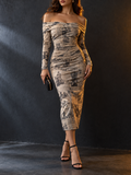 Beige Black Newspaper Print Off Shoulder Ruched Midi Dress