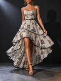 Beige Black Newspaper Print Square Neck Tiered Ruffle Maxi Dress